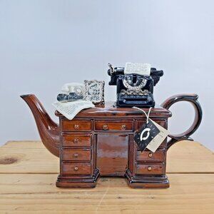 Paul Cardew Full Size Teapot-Crime Writers Desk Typewriter-SIGNED-Tags-Rare